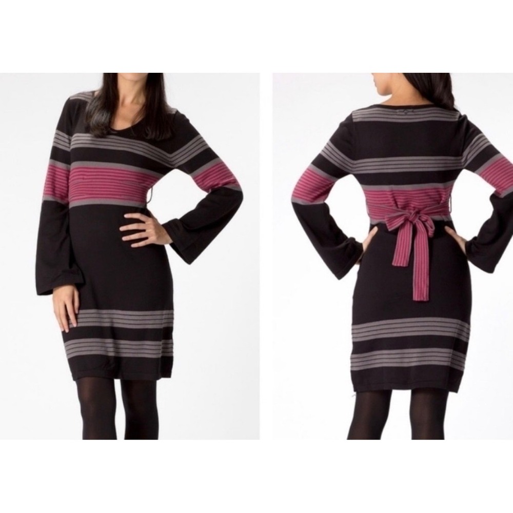 Prana Striped Bell Sleeve V-Neck Sweater Dress XS Fall Boho Hippie Lagenlook
